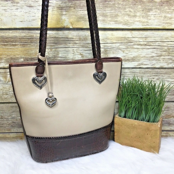 Vntg Brighton Beige Leather Croc Trim Tote Bag